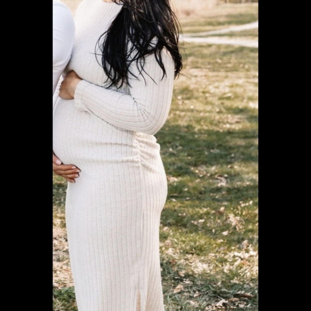 Long Sleeve Maternity Cream Dress